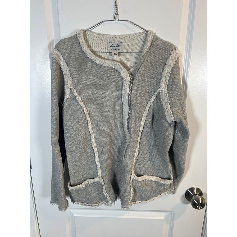 Lucky Lotus Womens Knit Jacket Raw Edge Asymmetrical Zip Gray 2X